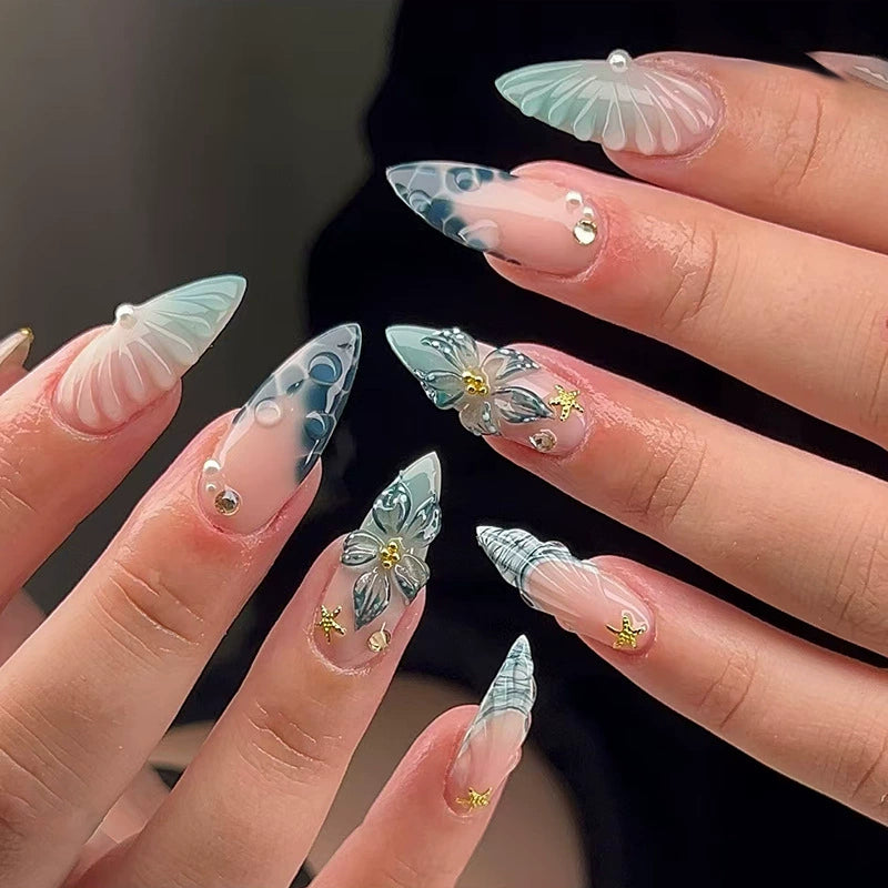 N-353 - Watercolor Flower - Press On Nail Set Of 24 - Free 24 Pcs Sticker Sheet Included
