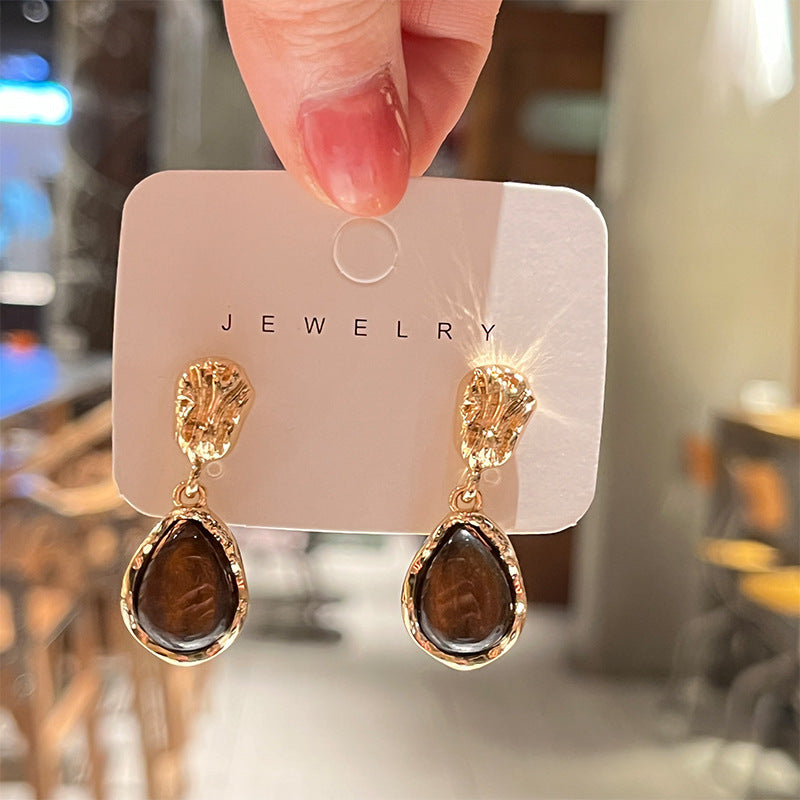 UNI-10399-2 - Luxury Brown Stone Gold - Earring