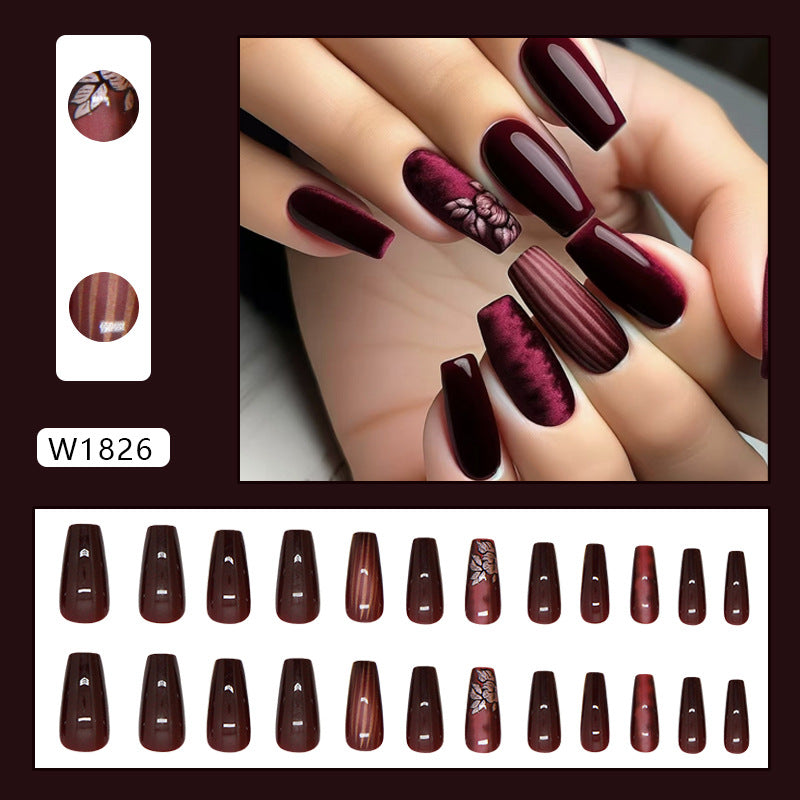 N-249 -Fancy Maroon Pink - Press On Nail Set Of 24 - Free 24 Pcs Sticker Sheet Included