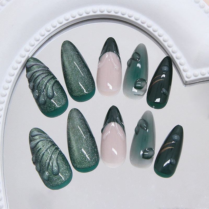 N-245-Iced Mist Forest Green - Press On Nail Set Of 24 - Free 24 Pcs Sticker Sheet Included