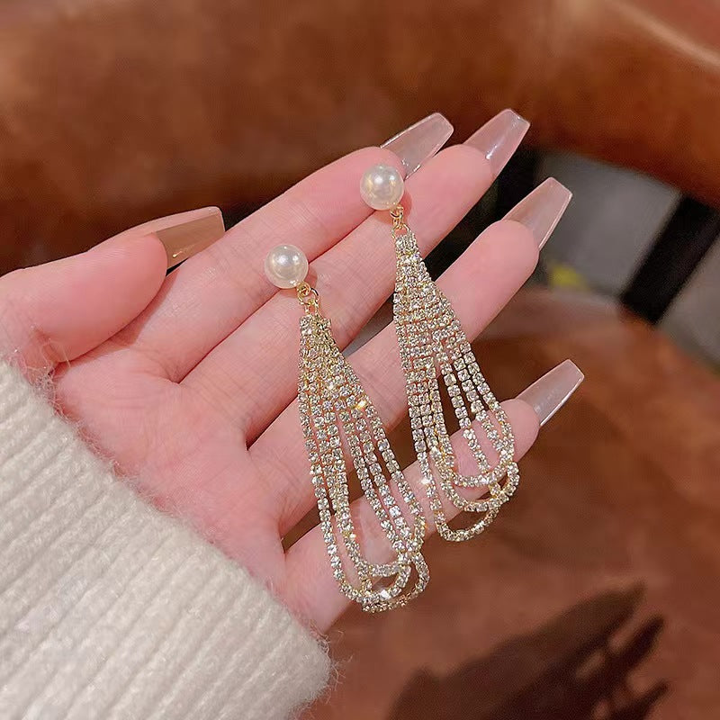UNI-12334 - Pearl & Dangling Diamonds - Earrings