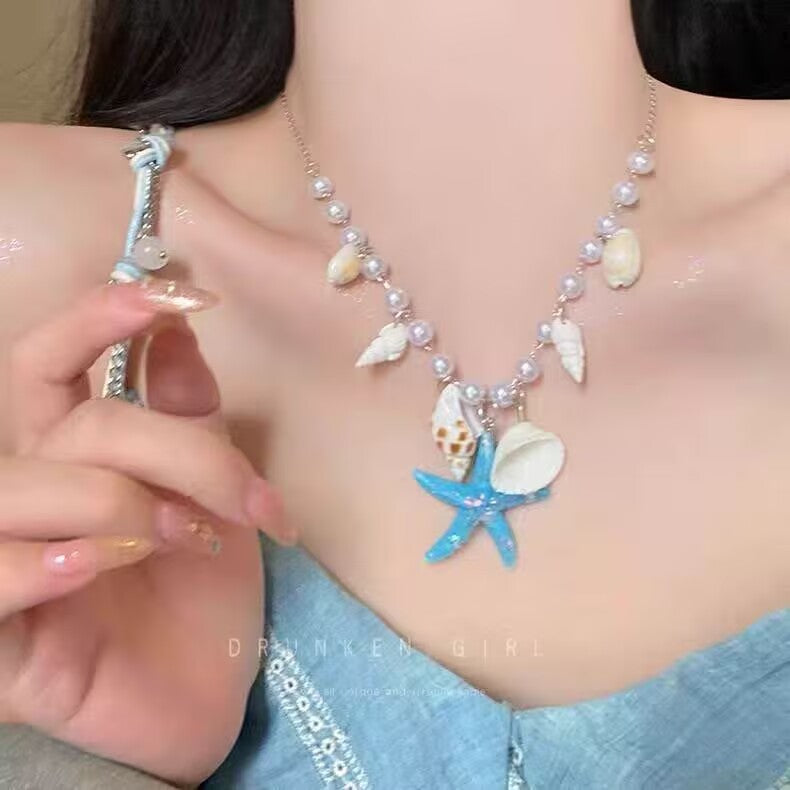 UNI-10977-4 - Pearls & Blue Star Fish Charms - Necklace
