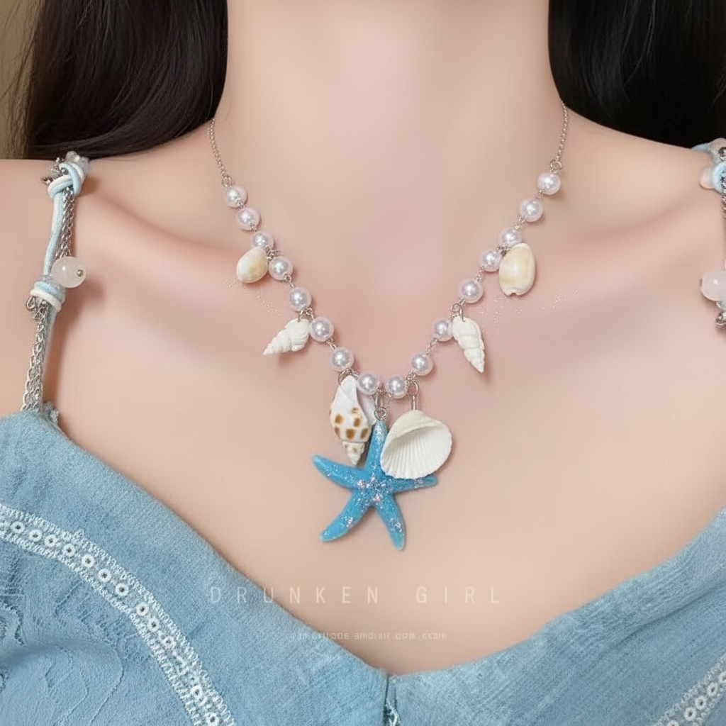 UNI-10977-4 - Pearls & Blue Star Fish Charms - Necklace