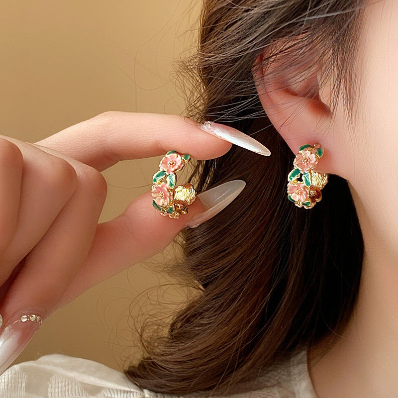 UNI-10431- Pink Rose & Leaf - Earring