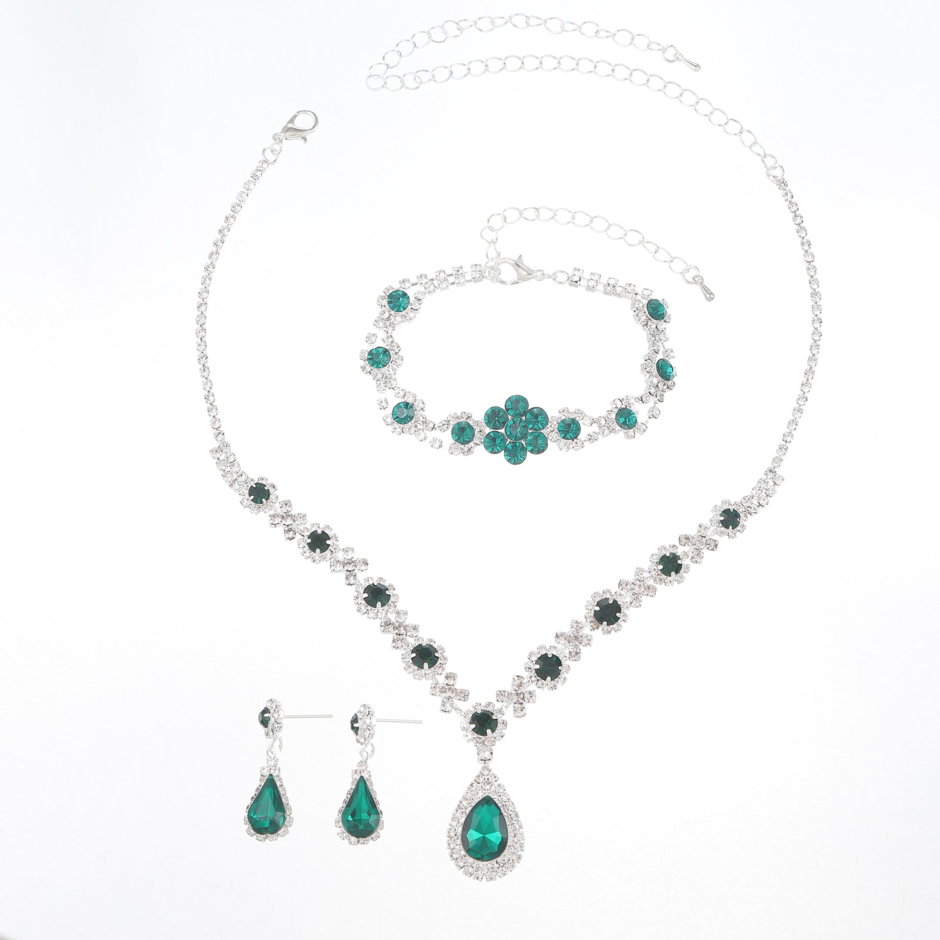 UNI-11939 - Premium Teardrop Emerald Green Diamonds Silver - Jewelry Set Of 3