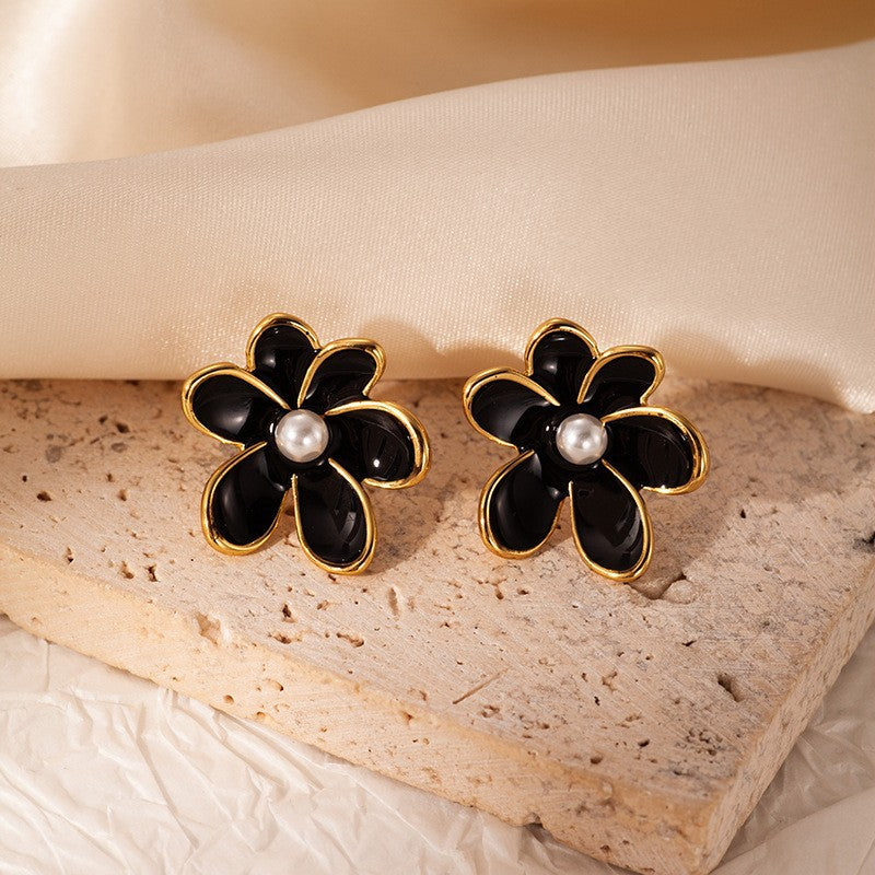 UNI-12843 - Black Pearl Flowers Gold Foil - Earring