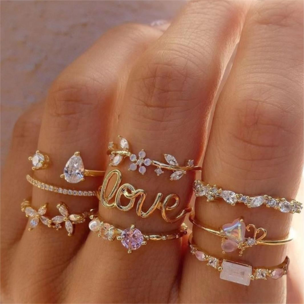 UNI-10168-41 - Gold Love Pink Diamond Ring Set Of 9