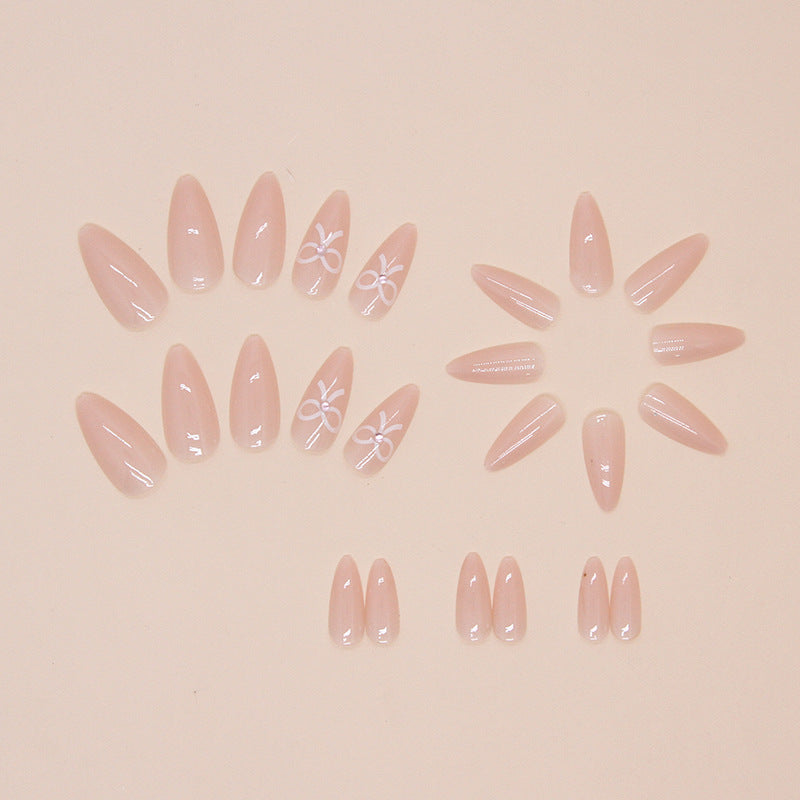 N-280 - Pastel Pink Bow - Press On Nail Set Of 24 - Free 24 Pcs Sticker Sheet Included