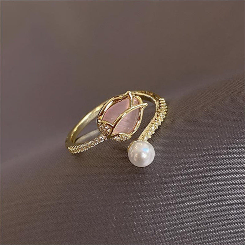 UNI-12620 - Pink Tulip Flower & Pearl - Ring