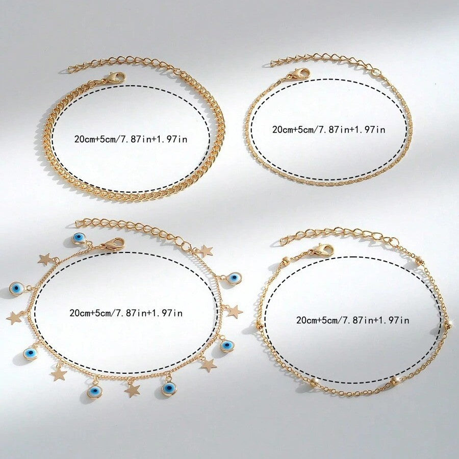 UNI-10692 - Star Charms & Gold Chain - Anklet Set Of 4
