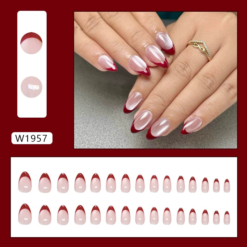 N-484 - Retro Red French Shiny - Press On Nail Set Of 24 - Free 24 Pcs Sticker Sheet Included