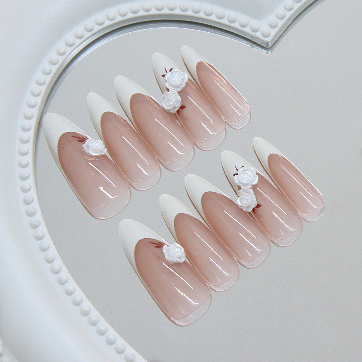 N-467 - White Flower Long - Press On Nail Set Of 24 - Free 24 Pcs Sticker Sheet Included