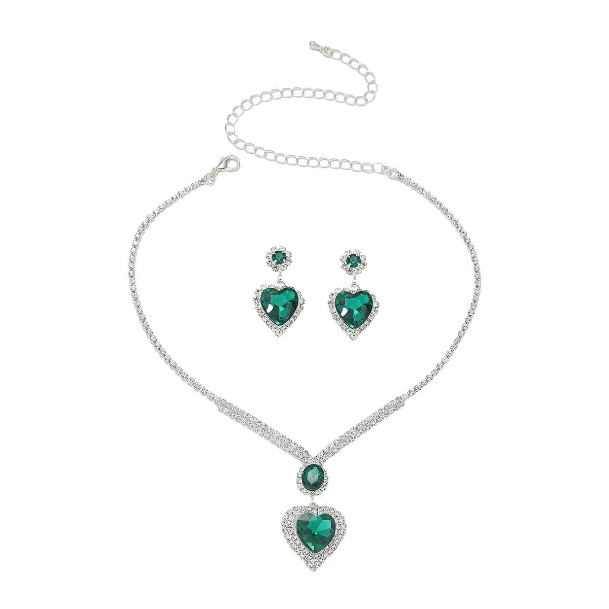 UNI-11946 - Green Heart Diamonds Silver - Jewelry Set
