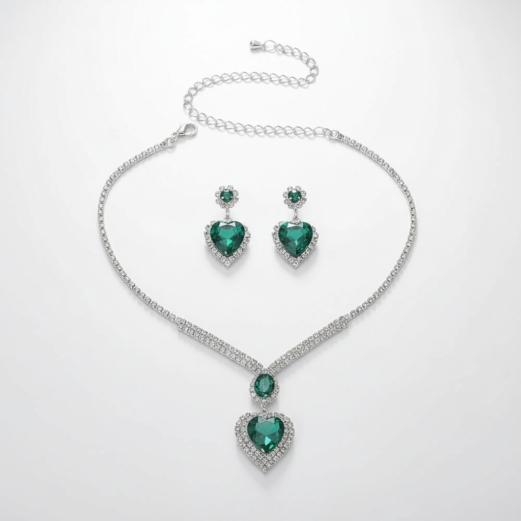 UNI-11946 - Green Heart Diamonds Silver - Jewelry Set