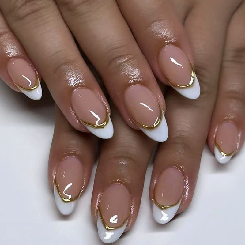 N-451 - French Tip Gold Outline - Press On Nail Set Of 24 - Free 24 Pcs Sticker Sheet Included