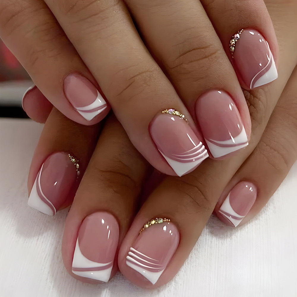 N-311-1- Pink & White Gold Foil Diamond - Press On Nail Set Of 24 - Free 24 Pcs Sticker Sheet Included