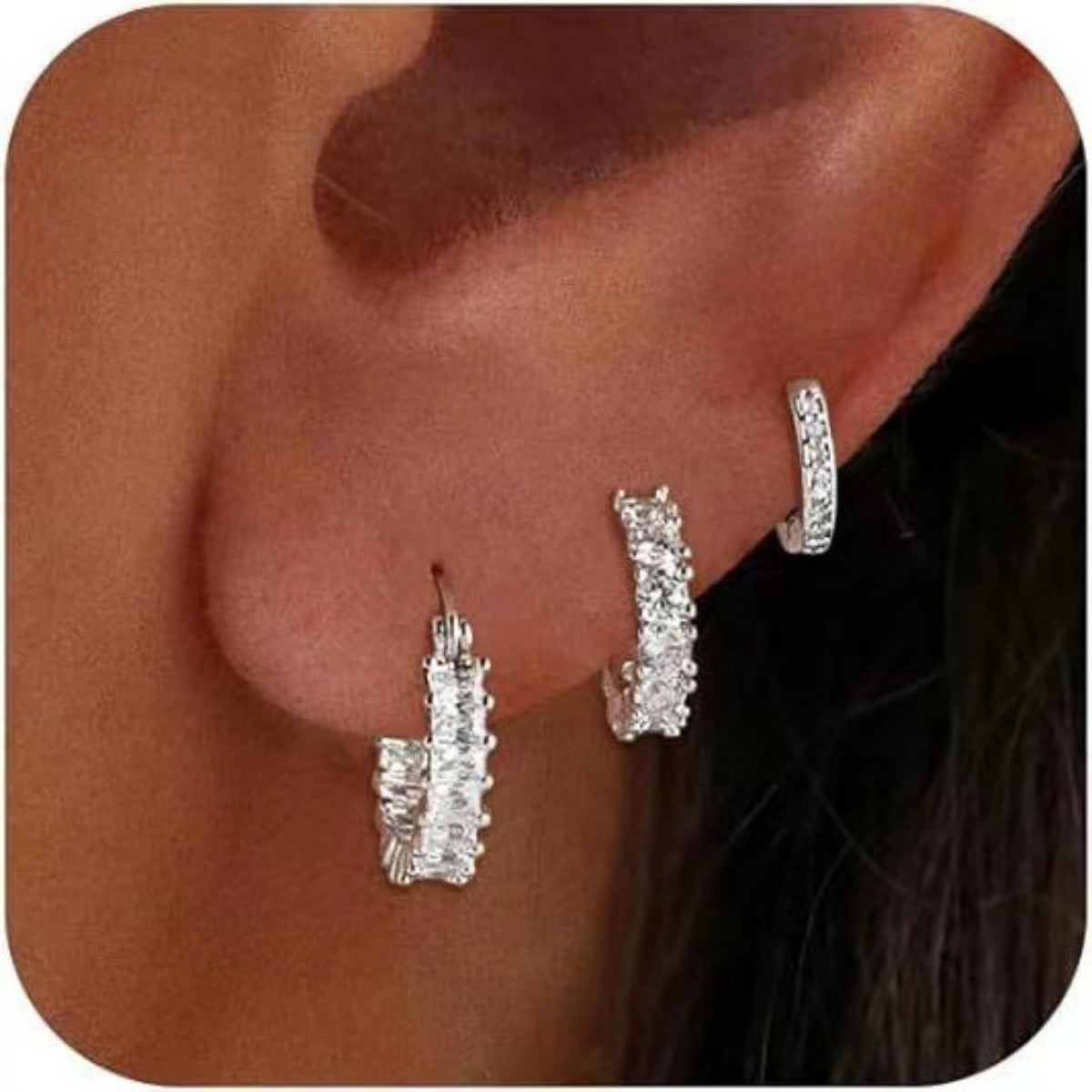 UNI-12602 - Silver & Diamonds Hoops - Earring Set