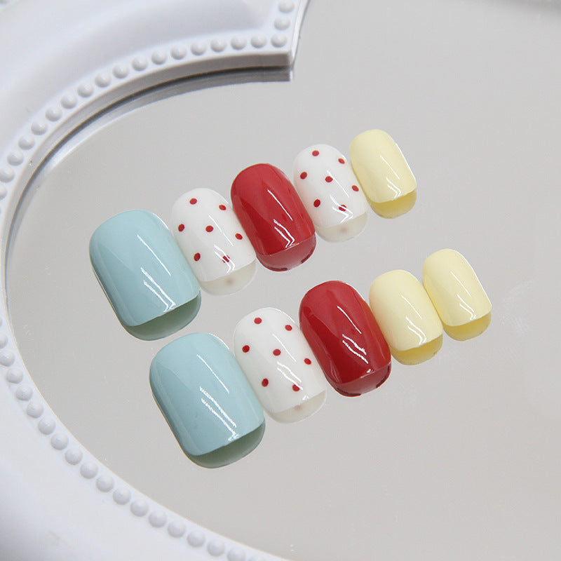 N-273 -Red Polka & Mix - Press On Nail Set Of 24 - Free 24 Pcs Sticker Sheet Included
