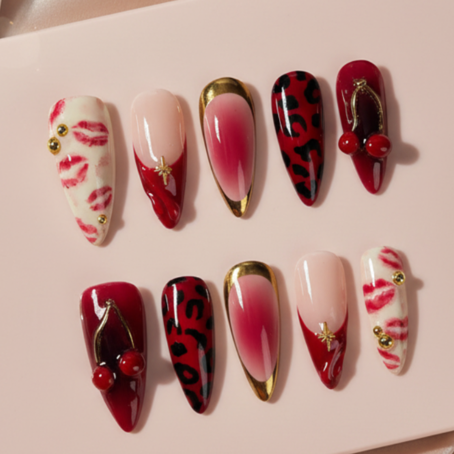N-387 - Rouge Obsession - Press On Nail Set Of 30 - Free 24 Pcs Sticker Sheet Included