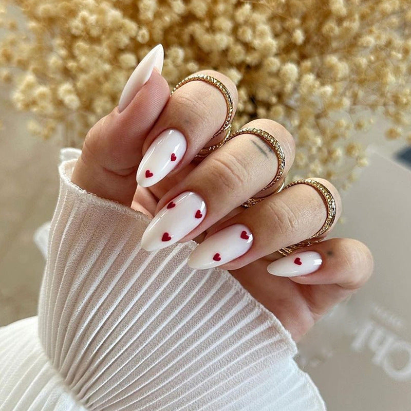 N-397 - Red Mini Heart - Press On Nail Set Of 24 - Free 24 Pcs Sticker Sheet Included
