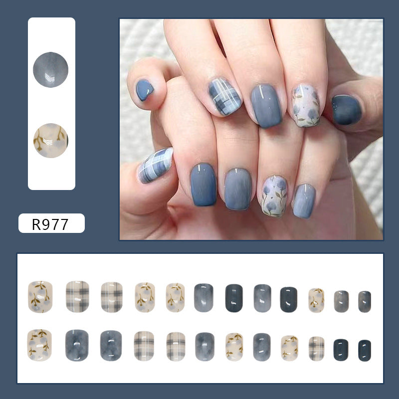 N-357 - Blue Flower & Grid - Press On Nail Set Of 24 - Free 24 Pcs Sticker Sheet Included