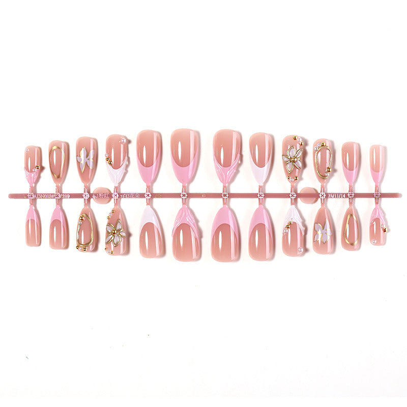 N-384 - Pink Flower Gold Foil - Press On Nail Set Of 24 - Free 24 Pcs Sticker Sheet Included