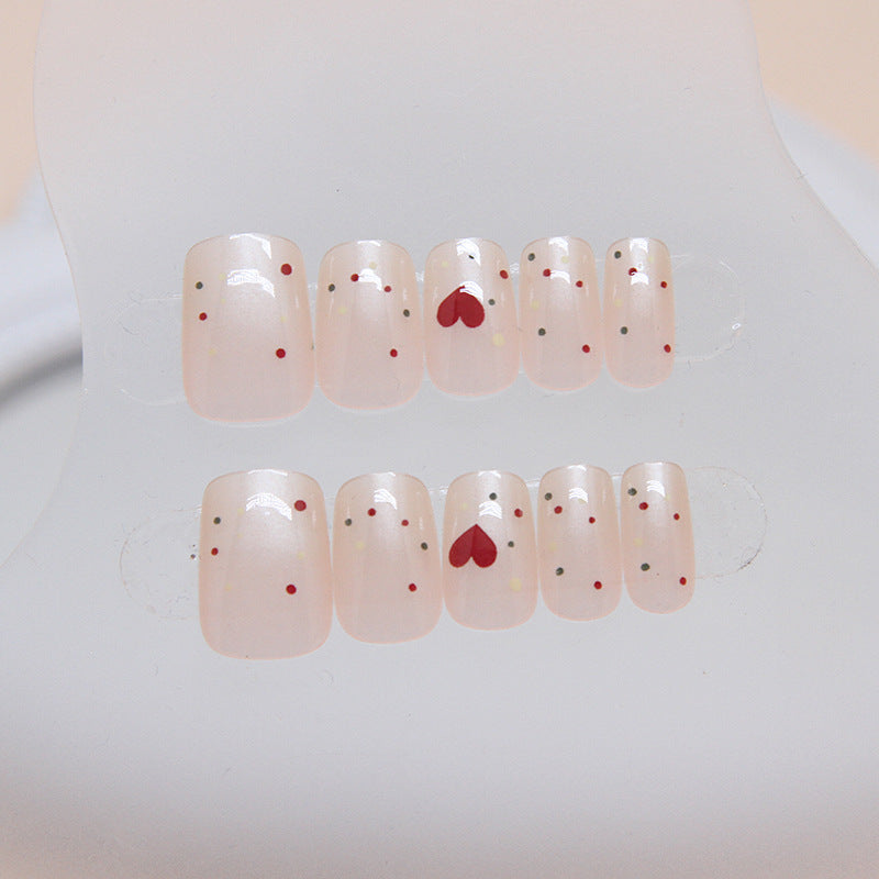 N-222 - Polka Heart Pink - Press On Nail Set Of 24 - Free 24 Pcs Sticker Sheet Included