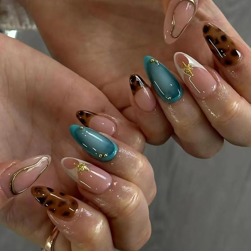 N-281 - Gold Foil Print - Print Press On Nail Set Of 24 - Free 24 Pcs Sticker Sheet Included