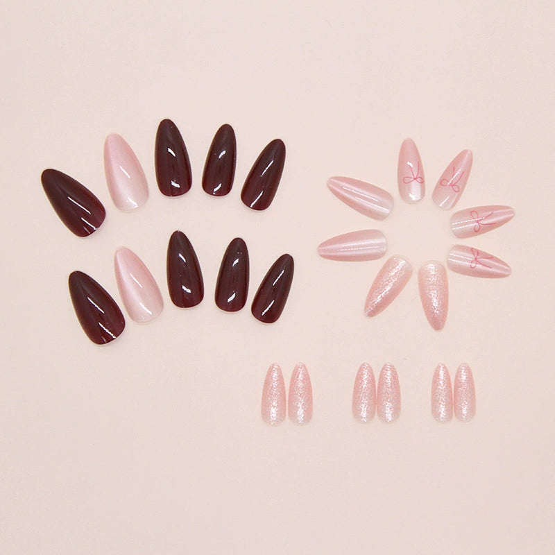N-426 - Jelly Bow Pink & Maroon - Press On Nail Set Of 24 - Free 24 Pcs Sticker Sheet Included (Copy)