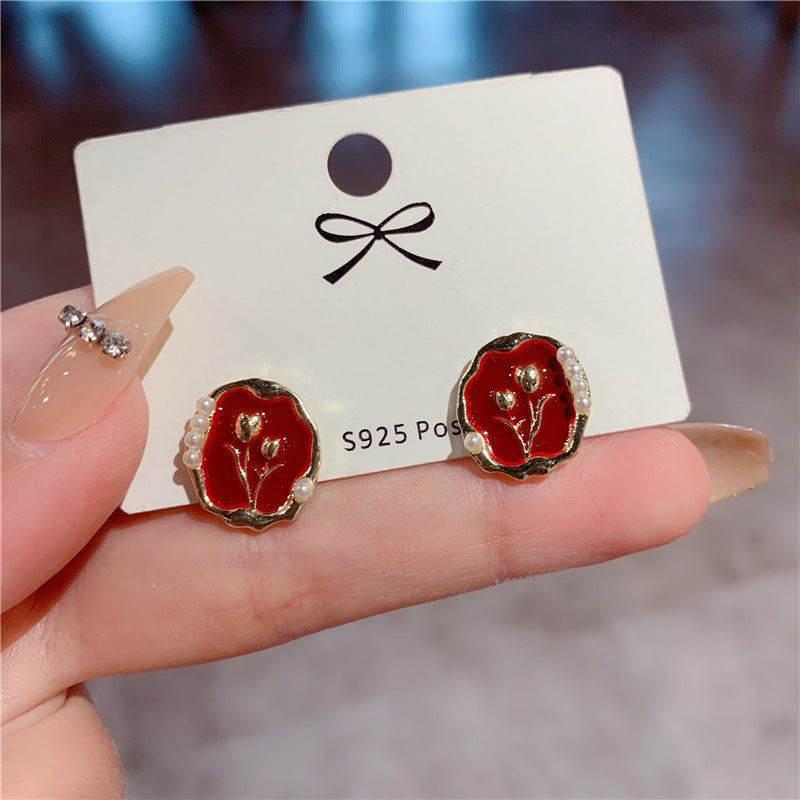 UNI-10906 - Maroon Tulip Flower Gold - Earring