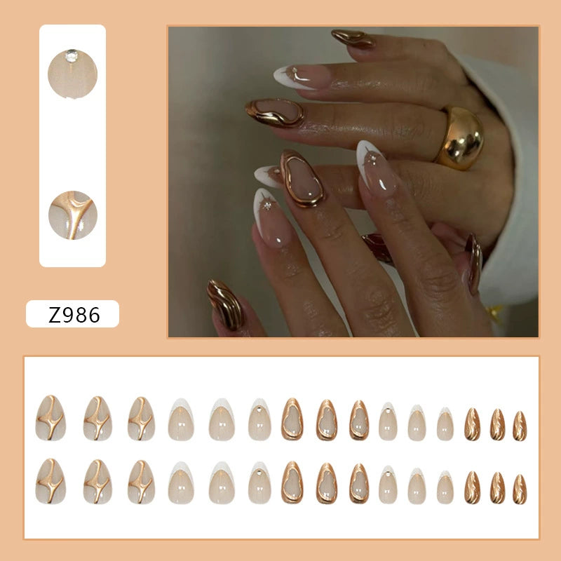 N-364 - Classy Foiled - Press On Nail Set Of 30 - Free 24 Pcs Sticker Sheet Included