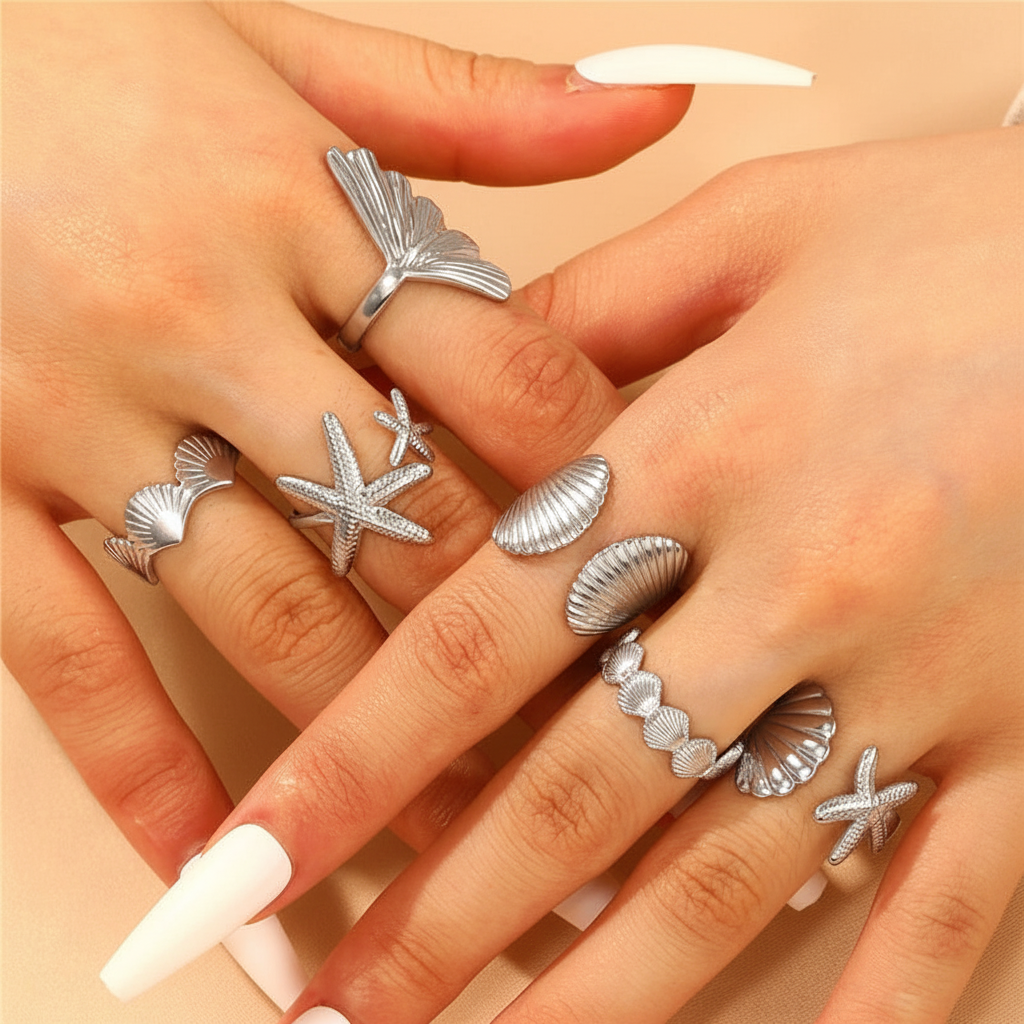 UNI-12678 - Sea Shell & Star Fish Silver - Ring Set Of 6