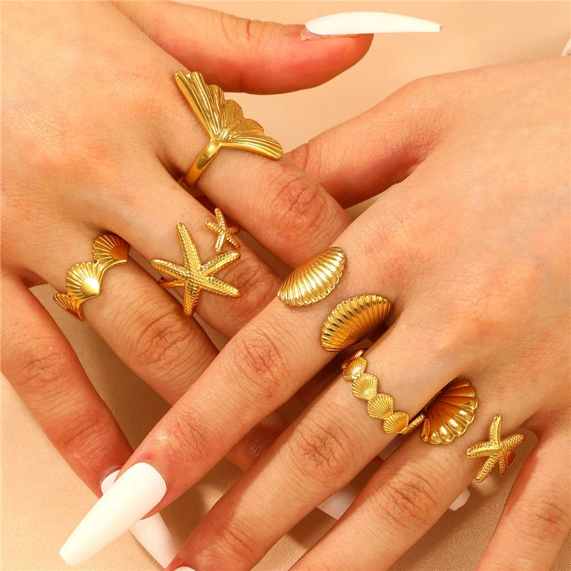 UNI-12677 - Sea Shell & Star Fish Gold - Ring Set of 6