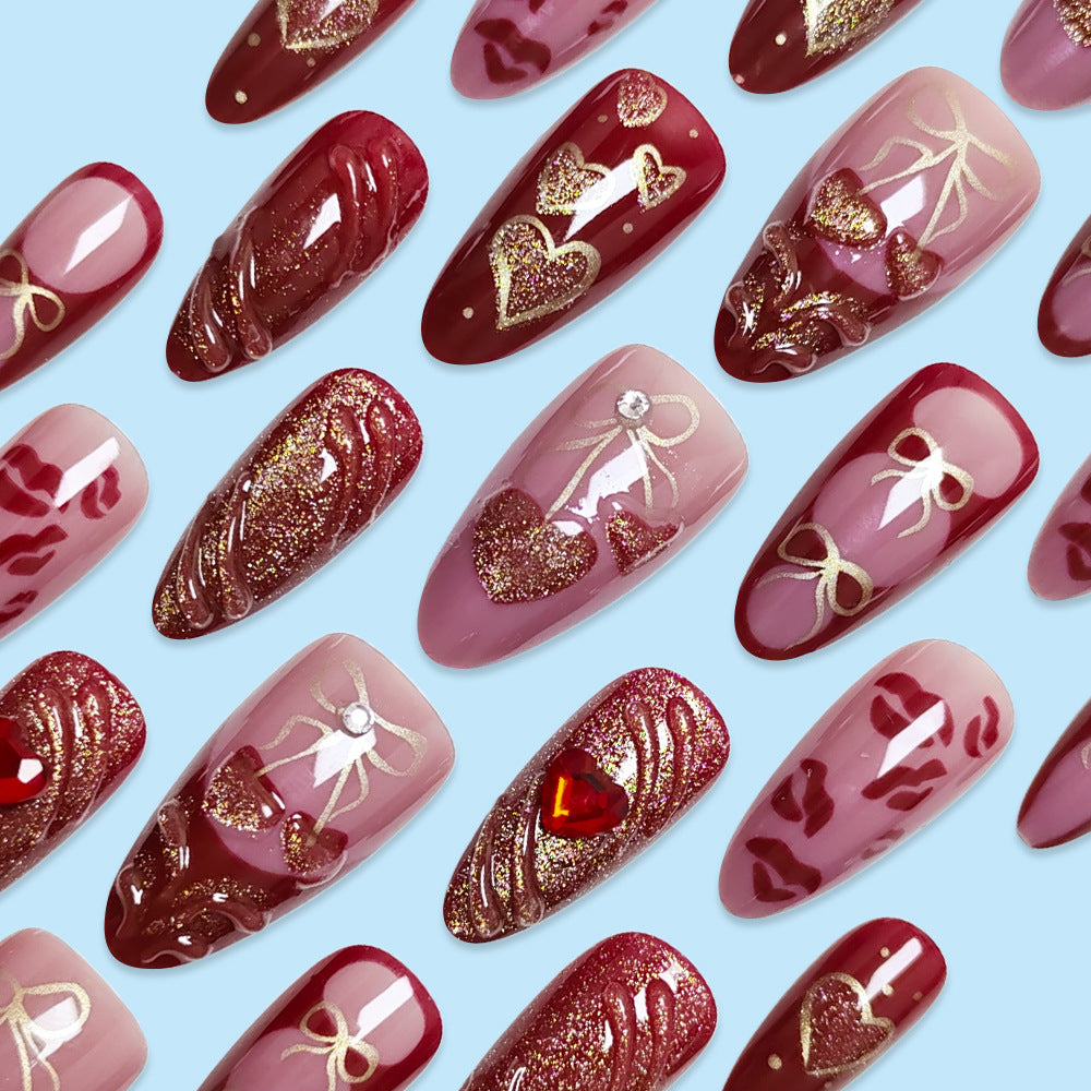 N-328 - Premium Foiled Bow & Girl Red - Press On Nail Set Of 24 - Free 24 Pcs Sticker Sheet Included