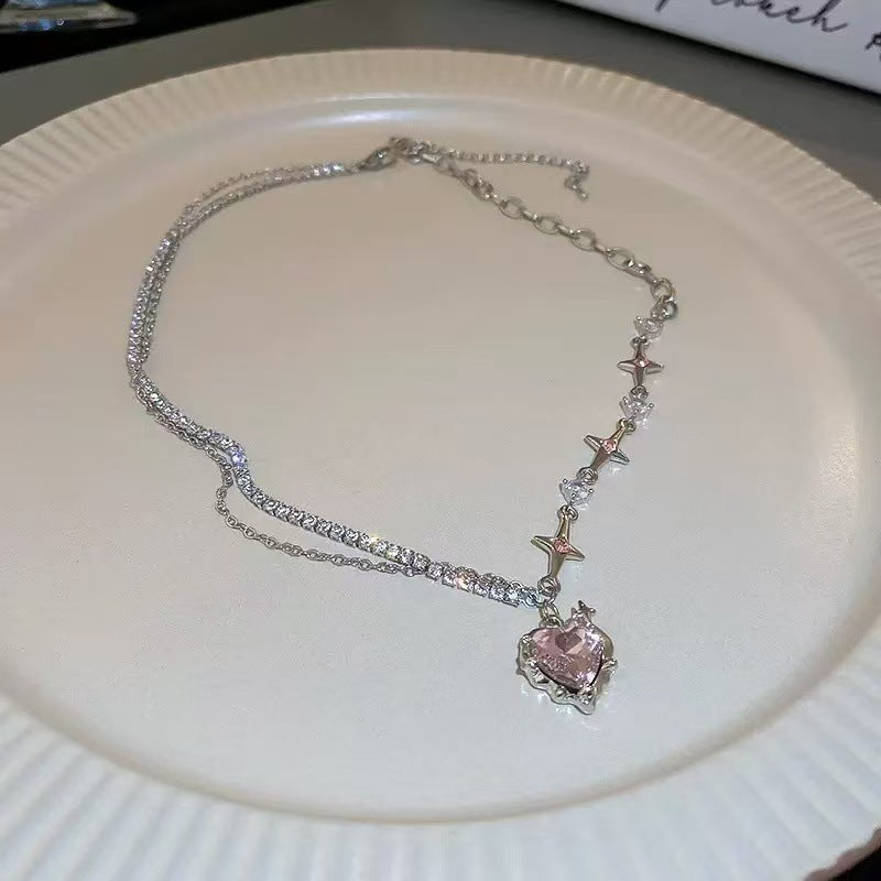 UNI-12287 - Pink Diamond Heart Silver- Necklace