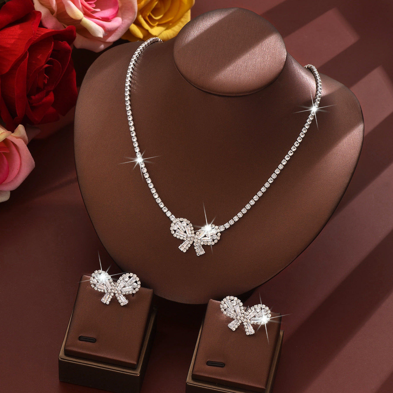 UNI-11379 - White Fancy Bow Diamonds Silver - Jewelry Set