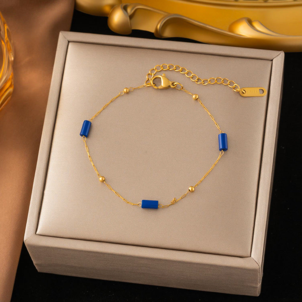 SS-12522 - Blue Beads & Gold Chain - Bracelet