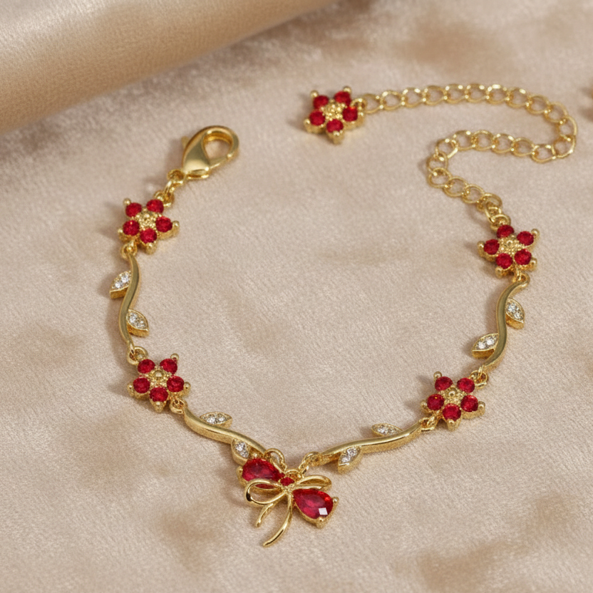 UNI-12210 - Red Diamond Bow & Flowers Gold - Bracelet