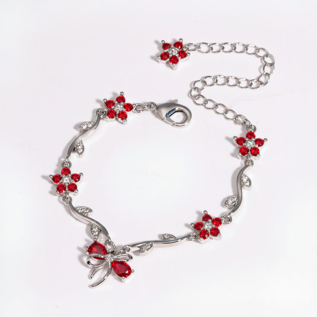 UNI-12211 - Red Diamond Bow & Flowers Silver - Bracelet