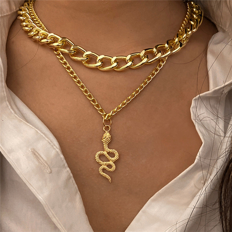 UNI-11217 - 2 Layered Gold Snake & Classy Chain - Necklace