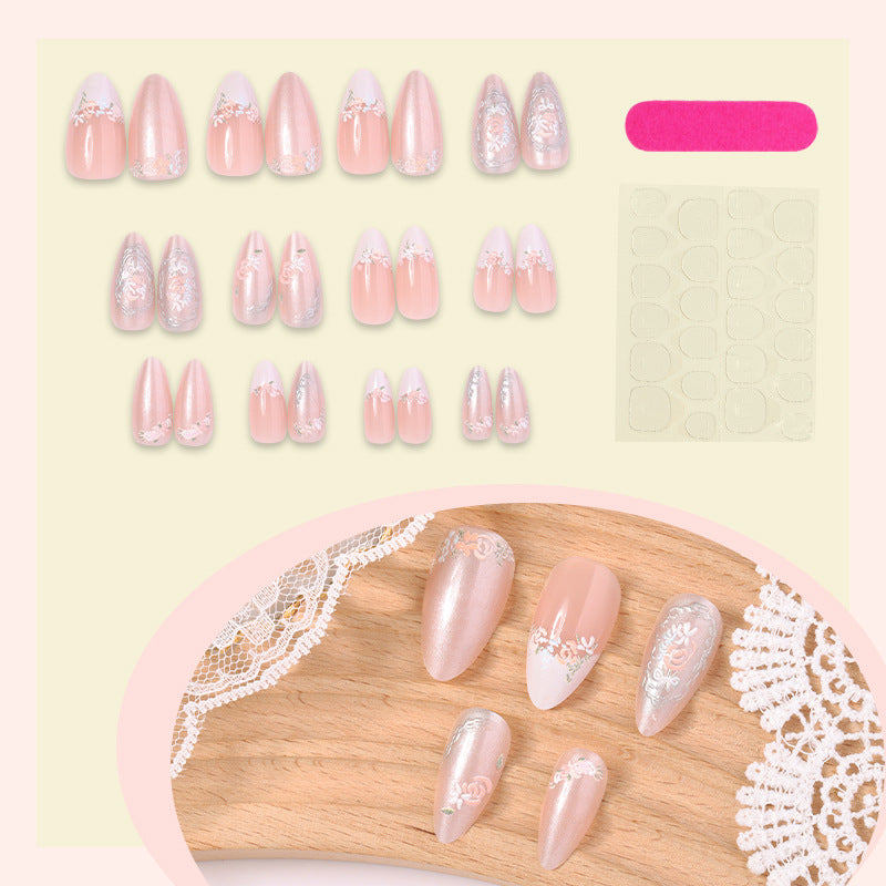 N-341 - Pink Floral - Press On Nail Set Of 24 - Free Nail Kit Included