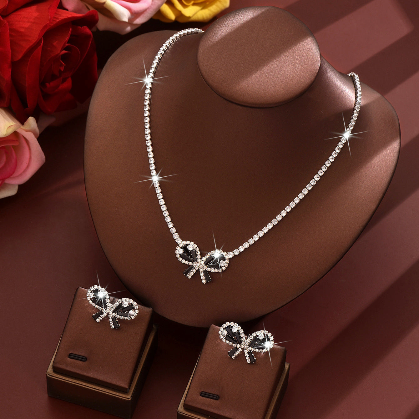 UNI-11378 - Black Fancy Bow Diamonds Silver - Jewelry Set