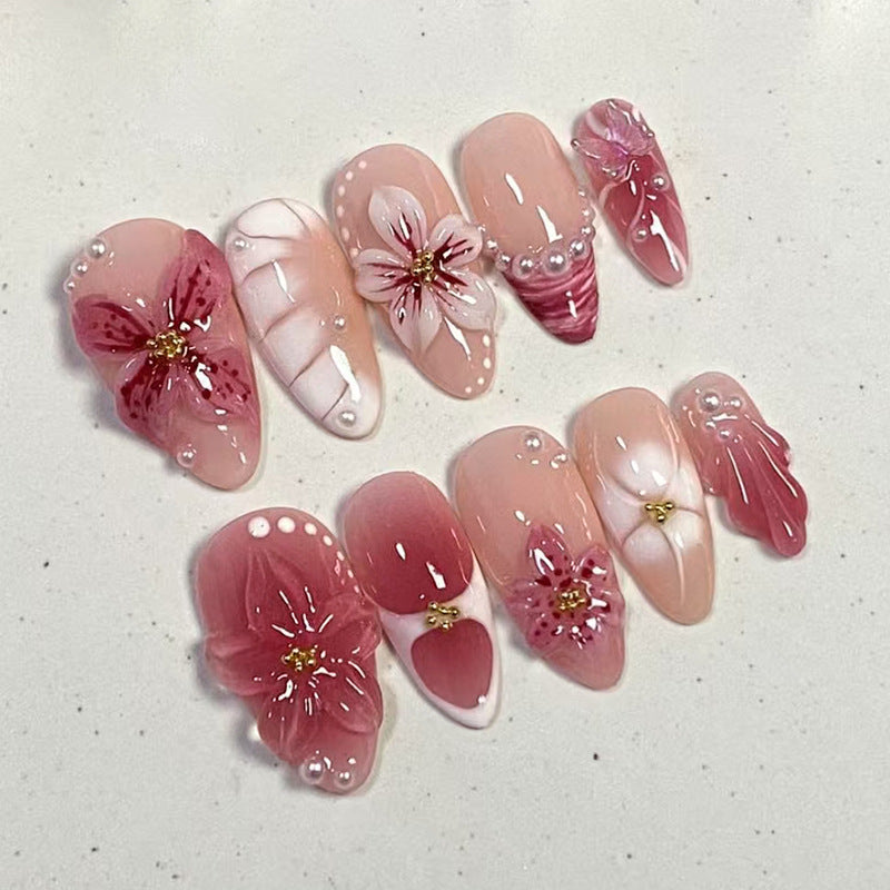 N-360 - Enameled Flower - Print Press On Nail Set Of 30 - Free 24 Pcs Sticker Sheet Included