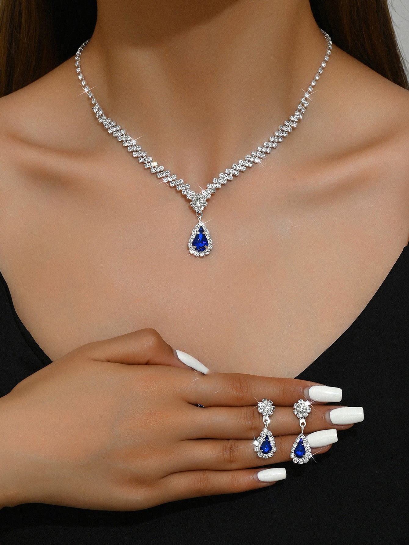 UNI-11362 - Royal Blue Luxury Diamonds Silver - Jewelry Set