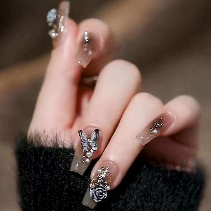 N-183 - Butterfly & Flower - Press On Nail Set Of 24 - Free 24 Pcs Sticker Sheet Included