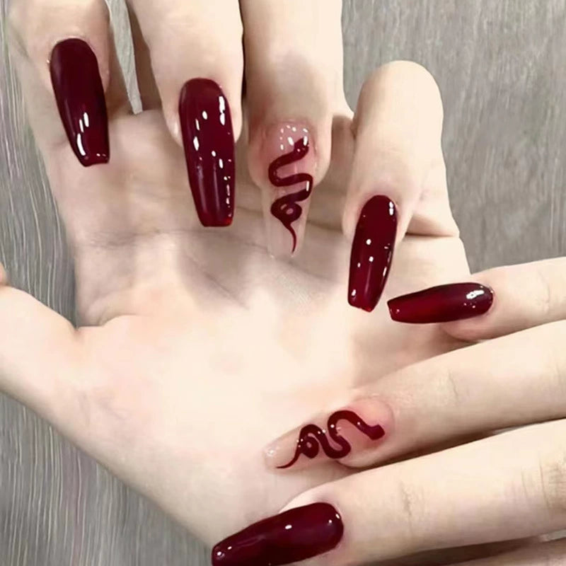 N-494 - Maroon Snake Pink - Press On Nail Set Of 24 - Free 24 Pcs Sticker Sheet Included
