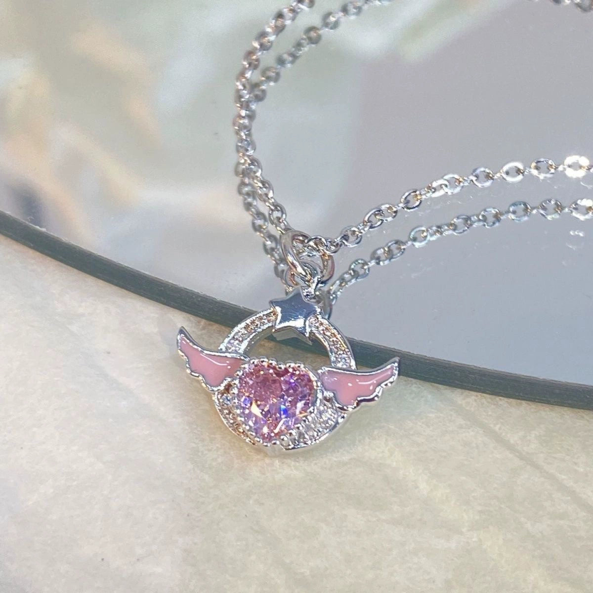 UNI-12312 - Pink Diamond Wings Heart - Necklace