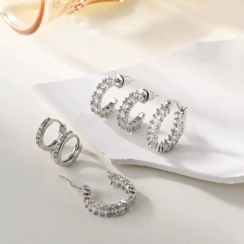 UNI-12602 - Silver & Diamonds Hoops - Earring Set