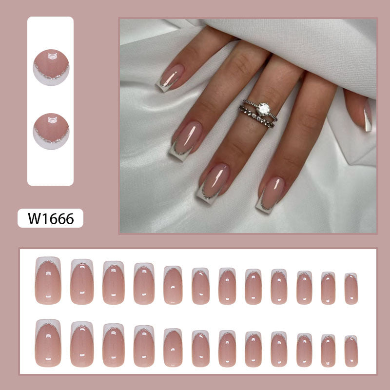 N-374 - French Silver Foiled - Press On Nail Set Of 24 - Free 24 Pcs Sticker Sheet Included