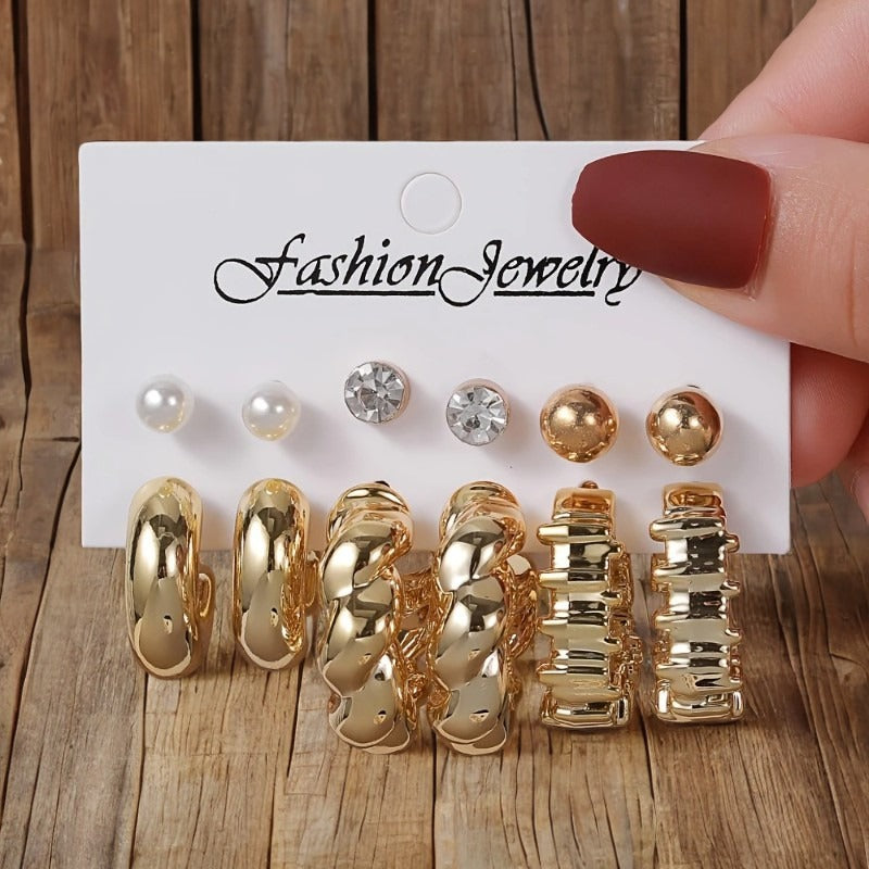 UNI-12046 - Classy Diamond & Gold Foil Series Hoop - Earrings Set Style 6